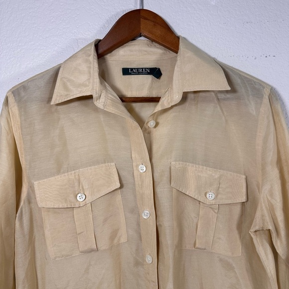 Lauren Ralph Lauren Silk Blend Beige Button-Up Shirt with Pockets Medium - Picture 2 of 6